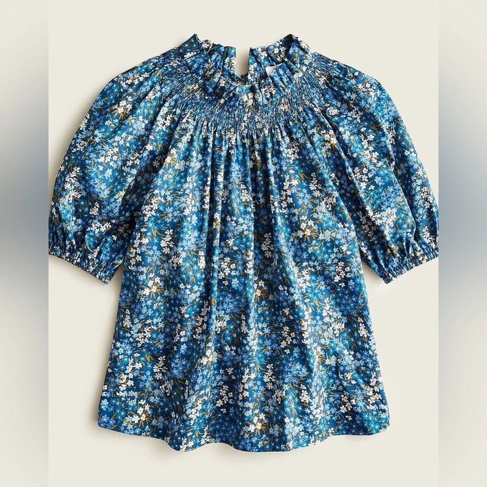J. Crew Liberty London Floral Smocked Neck Puff Sleeve Sea Blossoms Blouse Top